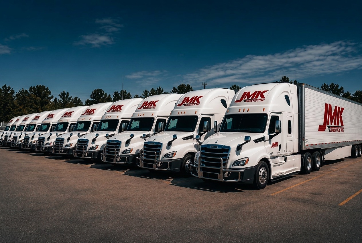 JMK Logistics Freightliner Cascadia fleet lined up with 53-foot dry van trailers